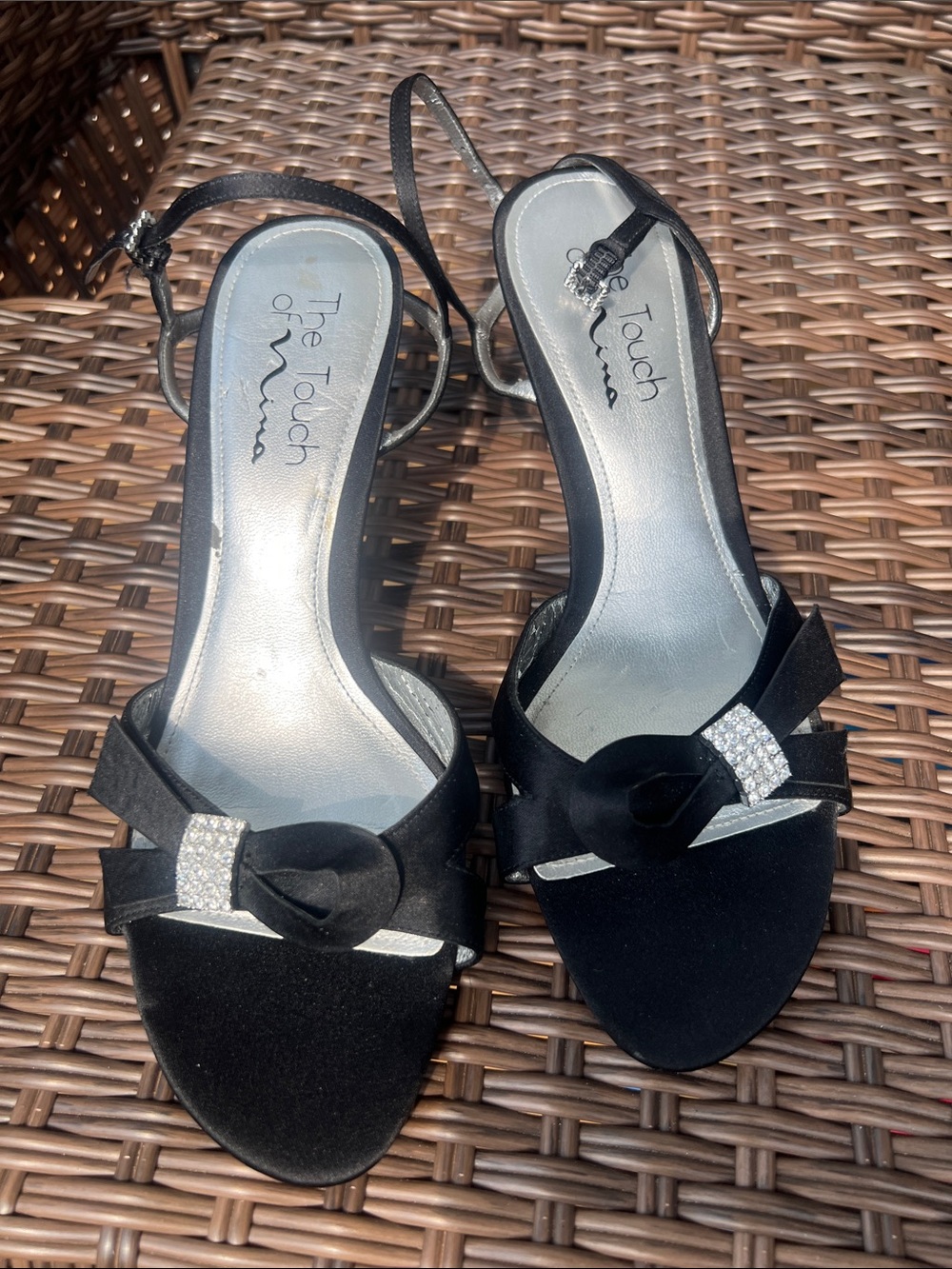 Touch of Nina Black Satin Rhinestone Bow Slingback Heels